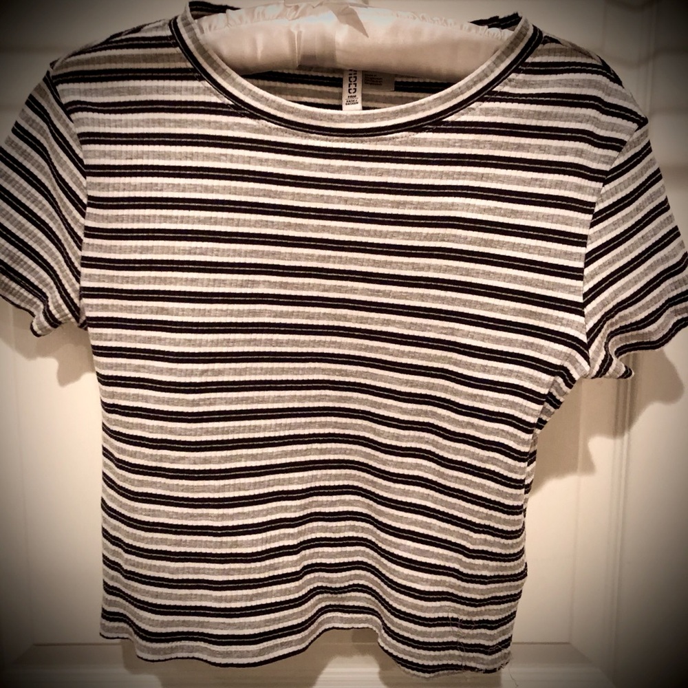 Gray, black, and white striped cropped top.